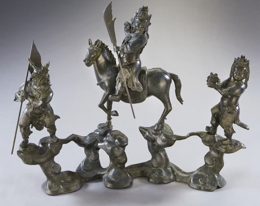 Important Chinese late Ming-early Qing bronze Guan Gong figural group, 31inches high x 39 inches wide, circa 17th century. Price realized: $67,375. Image courtesy of Dallas Aucton Gallery.